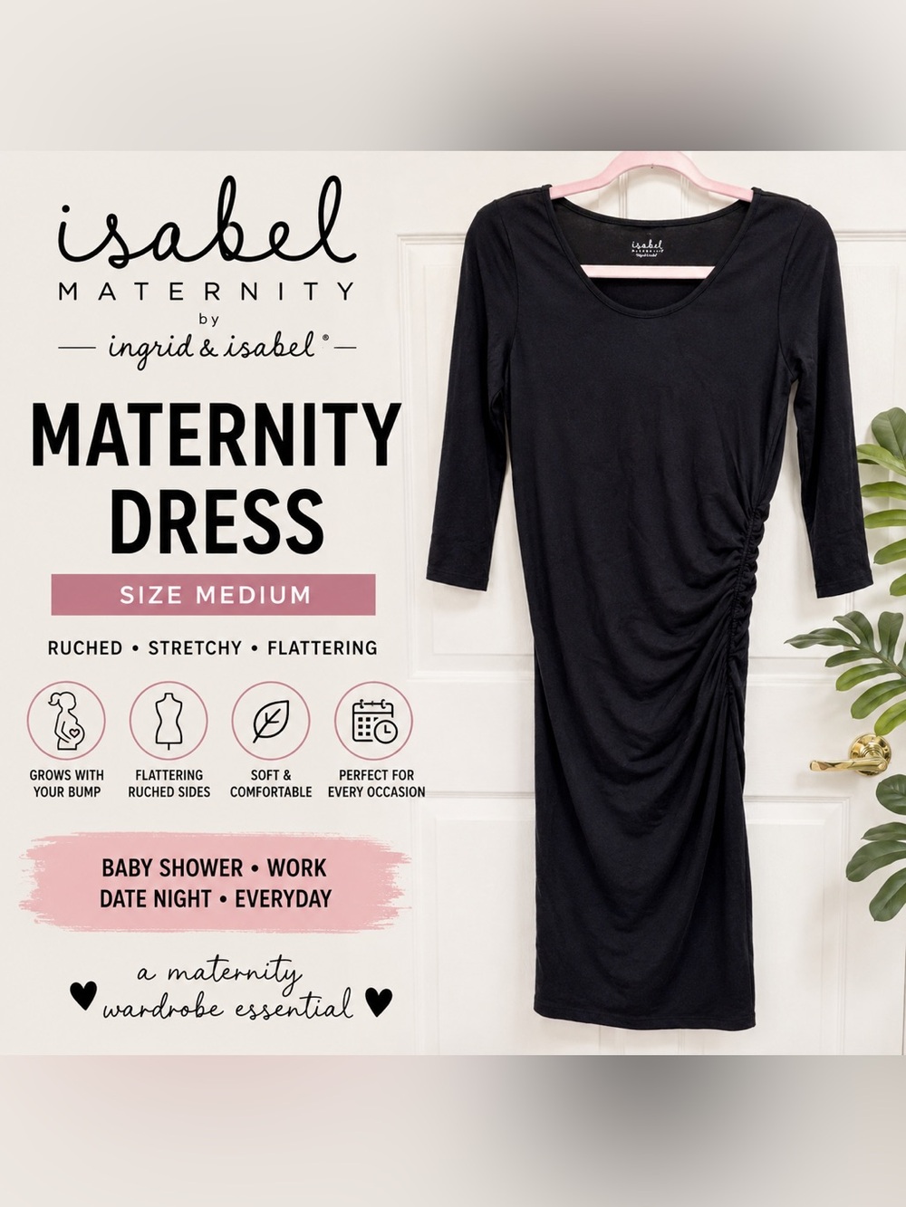 Isabel Maternity by Ingrid & Isabel Black Ruched Maternity Dress | Size Medium - Picture 1 of 5